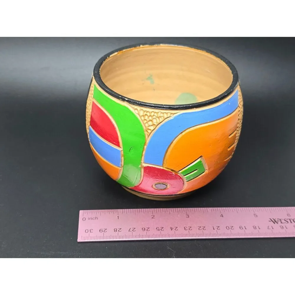 Clay Pottery Bowl Hand Carved Painted Ethnic Geometric Bird Folk Art Vessel